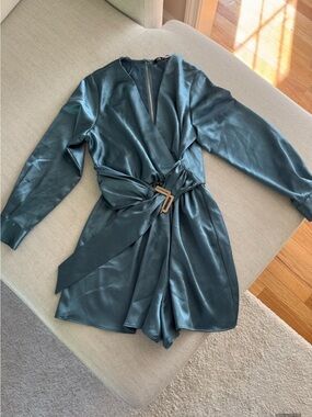 Zara Teal Satin Long-Sleeve Jumpsuit with Belt